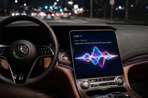 Nighttime interior of a Mercedes-Benz with a steering wheel and a center touchscreen displaying a colorful waveform graphic.