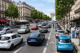 Busy Paris street with cars in traffic, trees lining the sidewalks, and the Arc de Triomphe visible in the distance behind buildings and a café row on both sides.