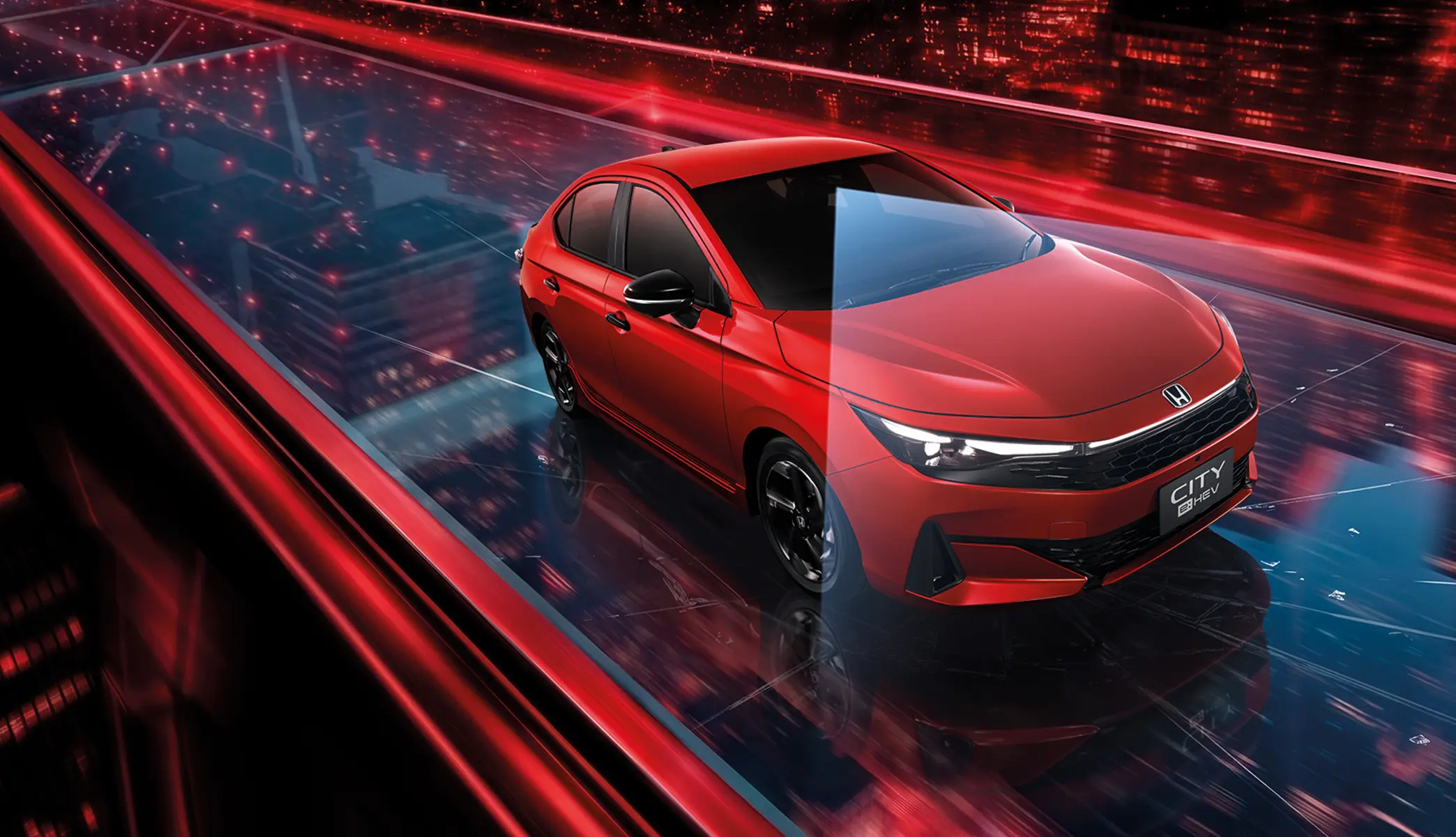 Red Honda City sedan driving on a glass bridge with neon red city lights in the background.