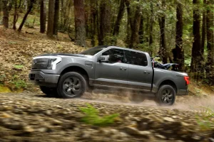 Gray pickup truck driving fast on a dirt road through a forest, kicking up dust in the woods.