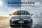 Front view of a silver sedan driving on a road split between sunny left and rainy right, illustrating all-weather performance. Thai text promotes handling in all conditions.