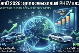 Global market 2026: Golden Age of PHEV & EREV — two electric cars drive toward a glowing globe with rising charts and icons.