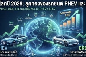 Global market 2026: Golden Age of PHEV & EREV — two electric cars drive toward a glowing globe with rising charts and icons.