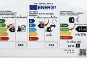 EU tire label showing fuel efficiency grade C, wet grip grade B, and external noise 72 dB (3-wave scale) with class B