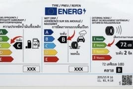 EU tire label showing fuel efficiency grade C, wet grip grade B, and external noise 72 dB (3-wave scale) with class B