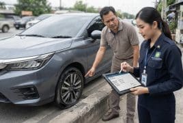 Man points at a car's front wheel while a uniformed woman records details on a tablet beside him on the curb.