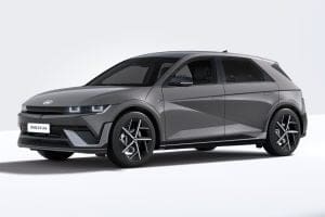 Grey Hyundai Ioniq 5 Line electric crossover shown in a front-three-quarter view on a white studio background.
