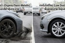 Side-by-side comparison: dirty wheel with brake dust from old organic/semi-metallic tech on the left, clean wheel with low-dust ceramic on the right.