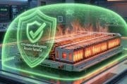 Futuristic high‑capacity battery pack protected by a glowing green shield, signaling security.