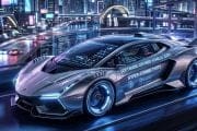 Futuristic silver sports car on a glowing elevated highway at night in a neon cityscape.