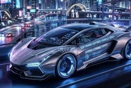 Futuristic silver sports car on a glowing elevated highway at night in a neon cityscape.