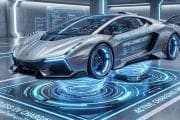 Futuristic silver sports car on a wireless charging pad in a high-tech garage, glowing blue lines and holographic screens around it.