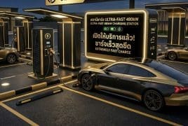 Electric car plugged into a futuristic ultra-fast 480kW charging station with bright signage overhead (Extremely Fast Charge).