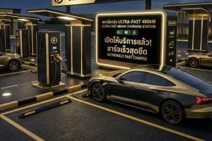 Electric car plugged into a futuristic ultra-fast 480kW charging station with bright signage overhead (Extremely Fast Charge).