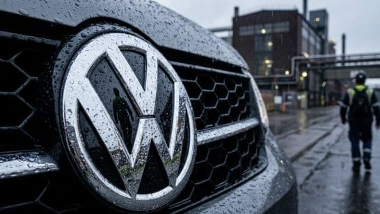 Front grille of a VW car with a large chrome VW emblem, raindrops on the surface and industrial buildings in the background.