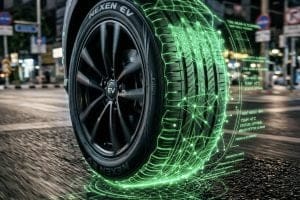 Smart tire with a glowing green digital grid around the tread, illustrating intelligent vehicle tire technology on a city street.