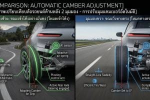 Side-by-side comparison of automatic camber adjustment: left shows -1.5° camber with adaptive air spring; right shows straight-line stability with zero camber and actuators.