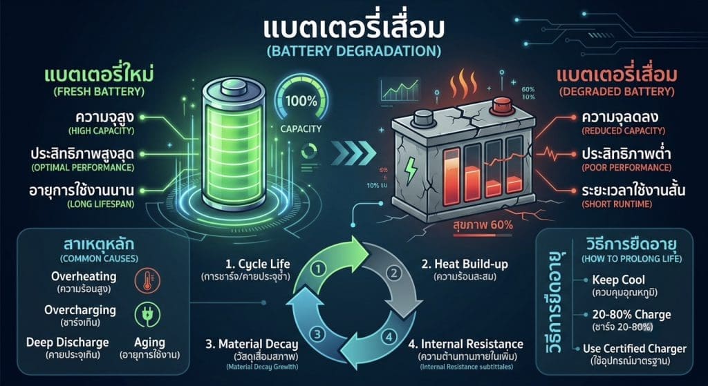 แบตเตอรี่ Ev เสื่อมเร็วแค่ไหน อัปเดตข้อมูลจริงปี 2026 | ยางรถยนต์ ราคาอัปเดต 2026 ครบทุกยี่ห้อ รวมยาง Ev | Autotirechecking แบตเตอรี่ EV เสื่อมเร็วแค่ไหน? อัปเดตข้อมูลจริงปี 2026