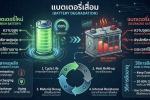 Infographic on battery degradation: fresh vs degraded battery with cycle life, heat build-up, and aging factors.