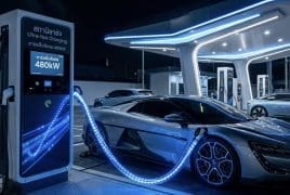 Silver sports car plugged into a blue-lit ultra-fast EV charger at a futuristic charging station, nighttime setting.