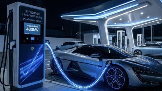 Img3318 | ยางรถยนต์ ราคาอัปเดต 2026 ครบทุกยี่ห้อ รวมยาง Ev | Autotirechecking Silver sports car plugged into a blue-lit ultra-fast EV charger at a futuristic charging station, nighttime setting.