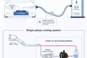 Illustration of an EV charging system with integrated cooling: car battery connected to a DC fast charger via coolant cables and a liquid cooling loop.