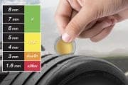 Color-coded tire tread depth gauge showing wear levels, with a hand placing a coin-like probe into the tire tread.