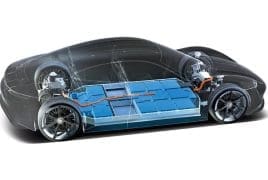 Cutaway view of an electric car showing the battery pack beneath the floor and motor housings