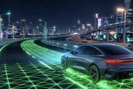 Silver futuristic electric car on a neon-lit highway at night, with glowing green grid lines and a city skyline in the background.