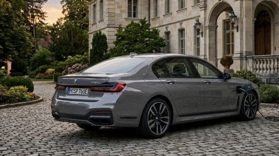 Grey BMW sedan plugged in to charge on a cobblestone driveway in front of a historic estate and gardens.