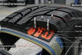 Cross-section of a studded tire showing tread, deployed studs, steel belts, carcass, and inner liner.