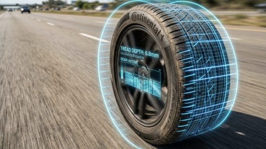 Img3540 | ยางรถยนต์ ราคาอัปเดต 2026 ครบทุกยี่ห้อ รวมยาง Ev | Autotirechecking Tire on a highway with a futuristic blue holographic readout showing tread depth 6.8 mm and diagnostic data from the tire sidewall (Continental).