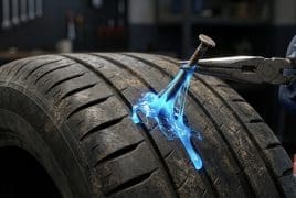 Close-up of a damaged car tire with a nail being removed and blue sealant sealing the puncture.