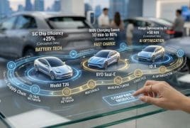 Futuristic holographic display showing three concept cars with AI optimization and battery/tech labels over a glass table with a showroom background.