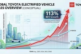 Conceptual infographic of Toyota electrified vehicle sales: 113% BEV growth, with hybrids and ICE lines over 2023–2026.