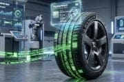 Futuristic lab with a Michelin tire and holographic travel data displays around it, in a high-tech workshop setting.
