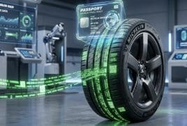 Futuristic lab with a Michelin tire and holographic travel data displays around it, in a high-tech workshop setting.