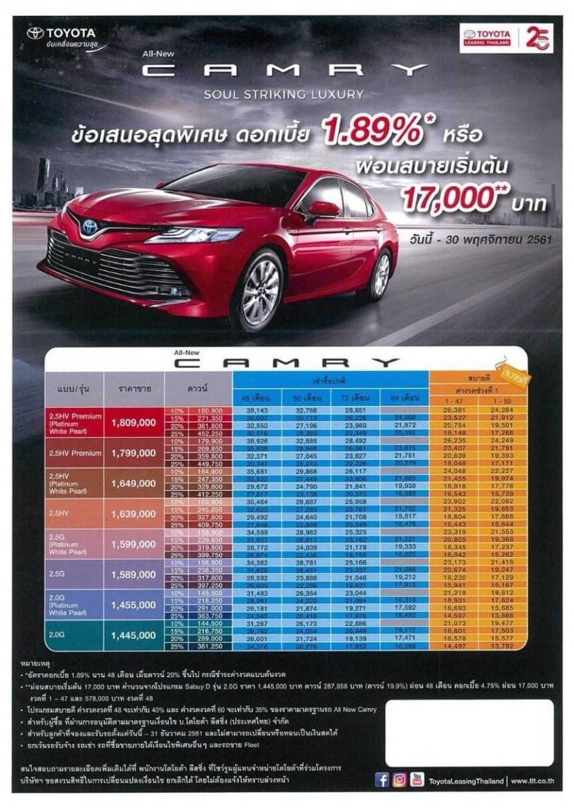 Toyota All New Camry 2019 ราคาเริ่ม 1445000 บาท โตโยต้า แคมรี่ ราคา โปรโมชั่น และตารางผ่อน | ยางรถยนต์ ราคาอัปเดต 2026 ครบทุกยี่ห้อ รวมยาง Ev | Autotirechecking Toyota All New CAMRY 2019 ราคาเริ่ม 1,445,000 บาท โตโยต้า แคมรี่ ราคา โปรโมชั่น และตารางผ่อน