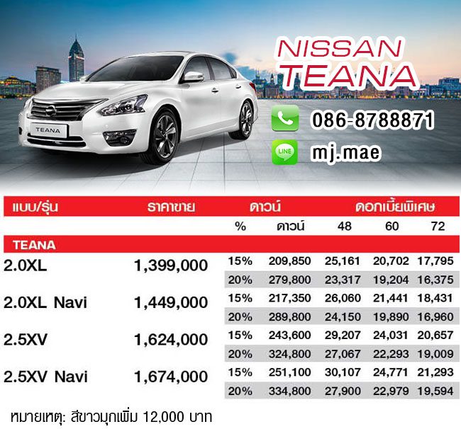 Nissan All New Teana ดอกเบี้ย 0% 5 ปี พร้อมประกันภัยชั้น 1 และของตกแต่งรอบคัน