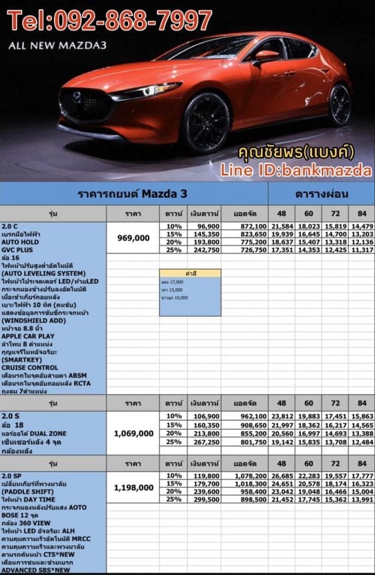 All New Mazda 3 2019 2020 ราคา 969000 มาสด้า 3 ใหม่ ตารางผ่อนถูดสุด 10000 บาท | ยางรถยนต์ ราคาอัปเดต 2026 ครบทุกยี่ห้อ รวมยาง Ev | Autotirechecking All New MAZDA 3 2019 2020 ราคา 969,000 มาสด้า 3 ใหม่ ตารางผ่อนถูดสุด 10,000 บาท